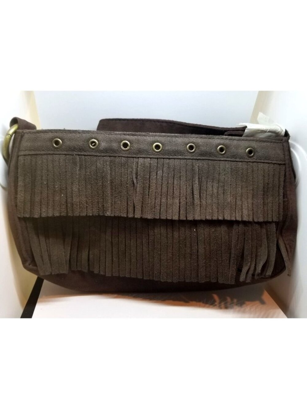 Purse Bag Brown Fringe Chateau Int Zip Top back and inside Pocket  9" x 6" x 3"